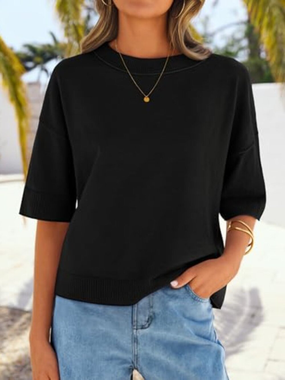 Women's Loose Knit Short Sleeve Sweater Top Lightweight Pullover - Picture 6 of 7